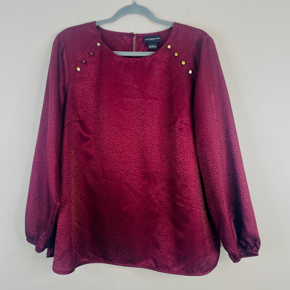 Liz Claiborne Satin Career Top Womens Large Burgundy Silky Balloon Sleeve Blouse